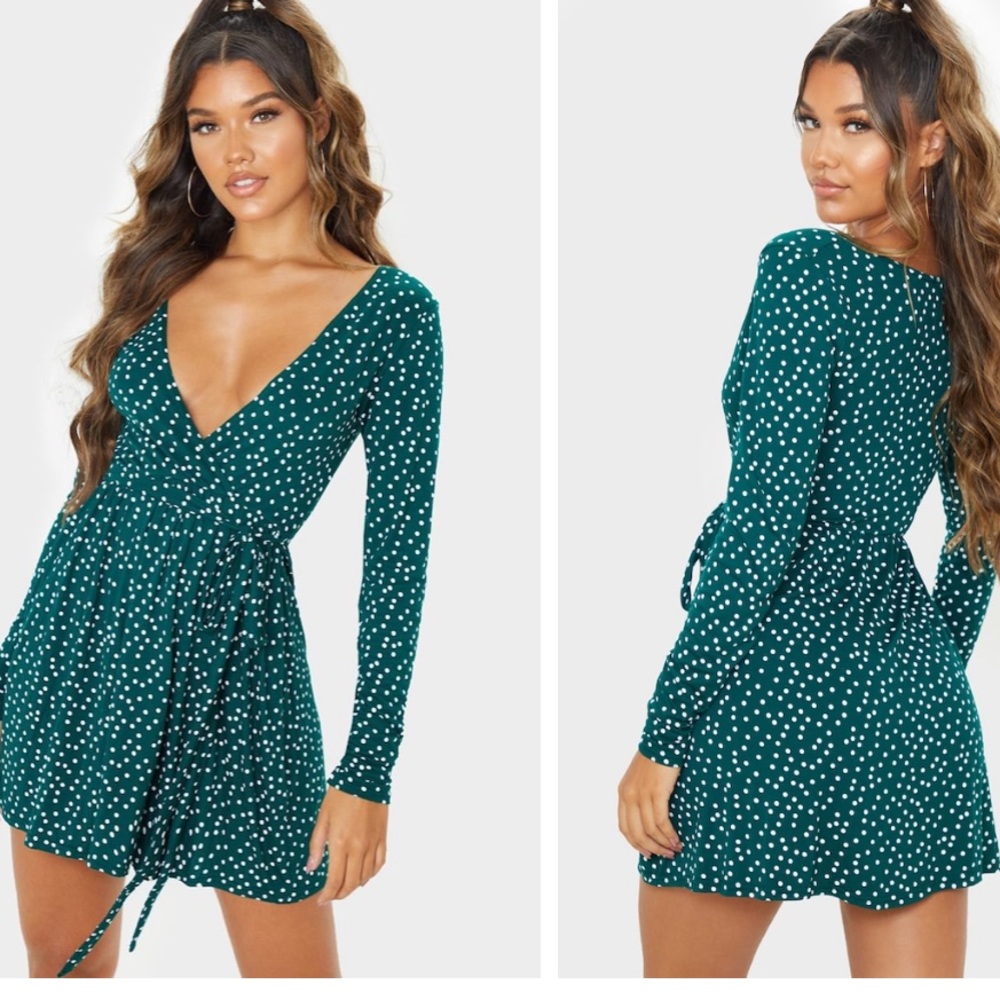 Emerald Green Polka Dot Print Wrap Dress